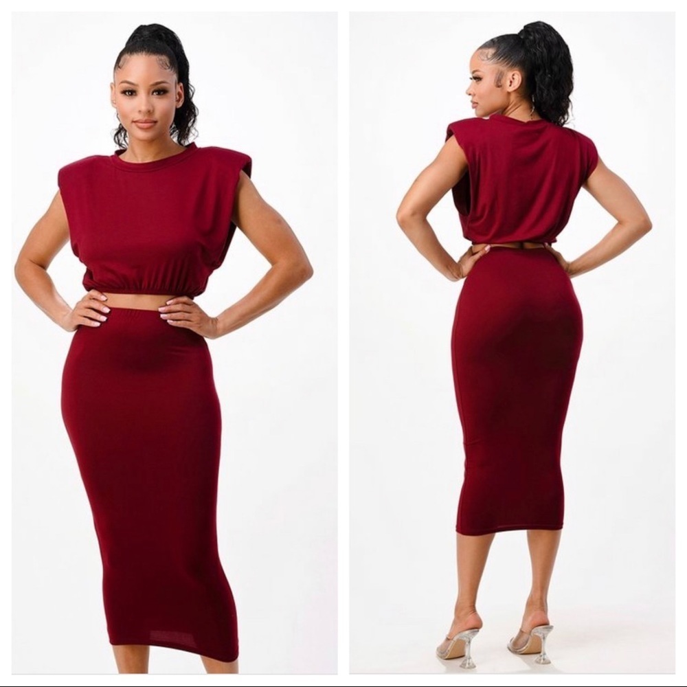 NEW TRENDY BURGUNDY TWO PIECE SHOULDER PAD CROP TOP SHIRT MIDI CALF SKIRT SET